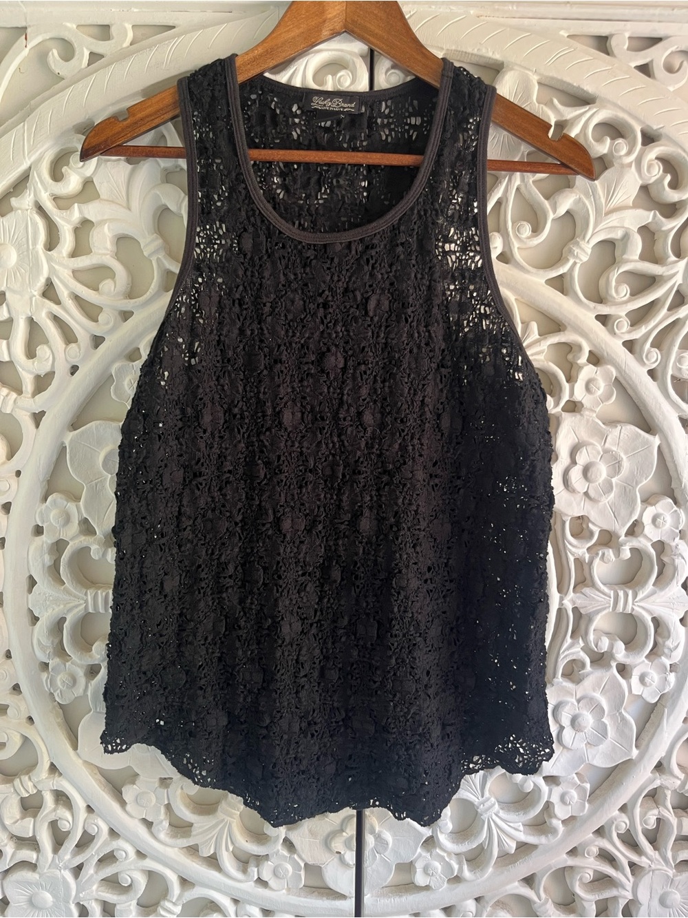 Lucky Brand Black Crochet Lace Racerback Tank Top Medium Boho Sheer